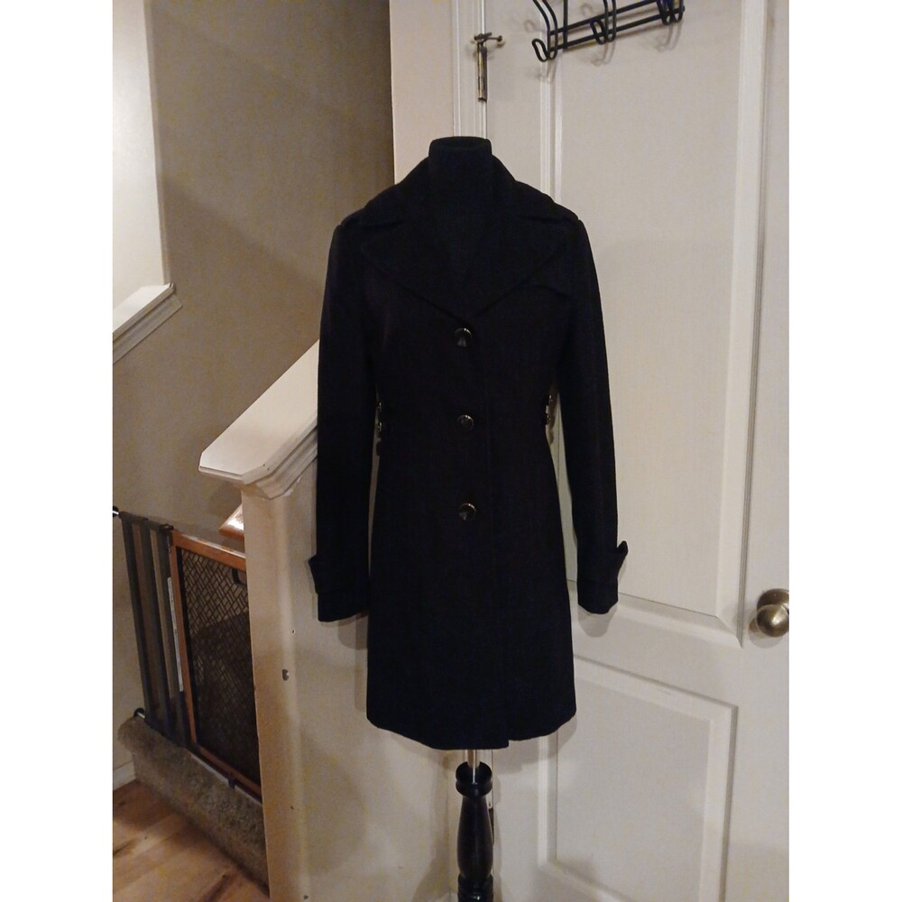 Vintage Kenneth Cole black wool blend mid length walker Pea coat side buckles 6